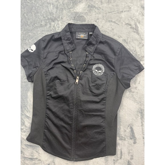 Harley-Davidson Tops - Harley Davidson Shirt Women Willie G Skull Zip Front Lace Back Black Medium